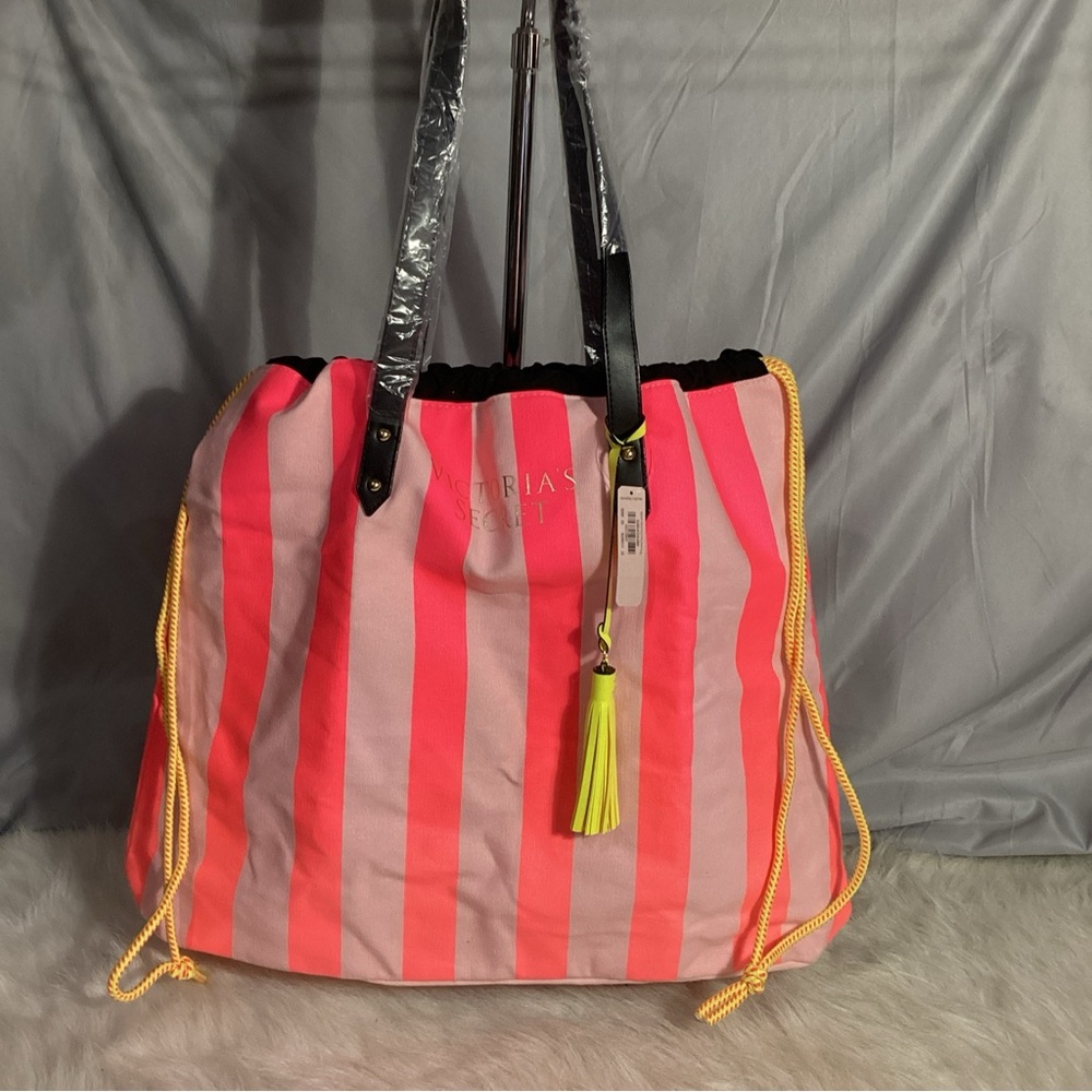 Victoria’s Secret Limited Edition Drawstring Neon Striped Tote, Beach, Pool…Bag - Picture 8 of 10